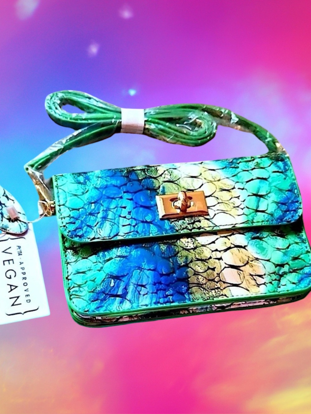 🆕Mellow World Women’s Teal Green & Blue Vegan Snakeskin-print Crossbody Purse❤️